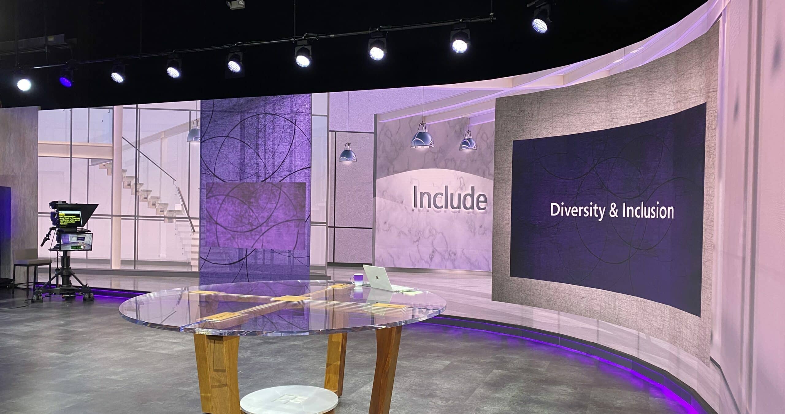 Wide screen LED wall at Stage C at Microsoft, prepared for a discussion about inclusion
