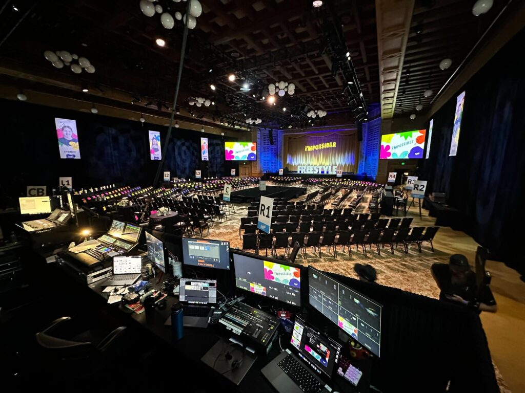 Livestream production setup with monitors and switching at a corporate event