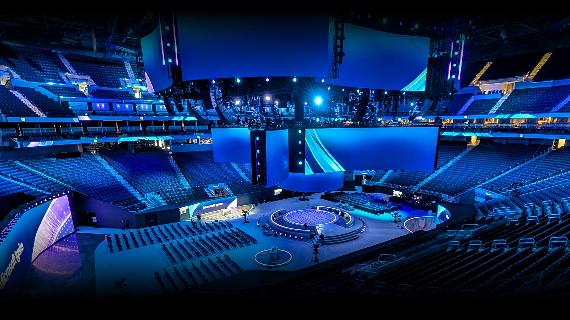 Corporate event stage with LED video screens at Chase Center in San Francisco