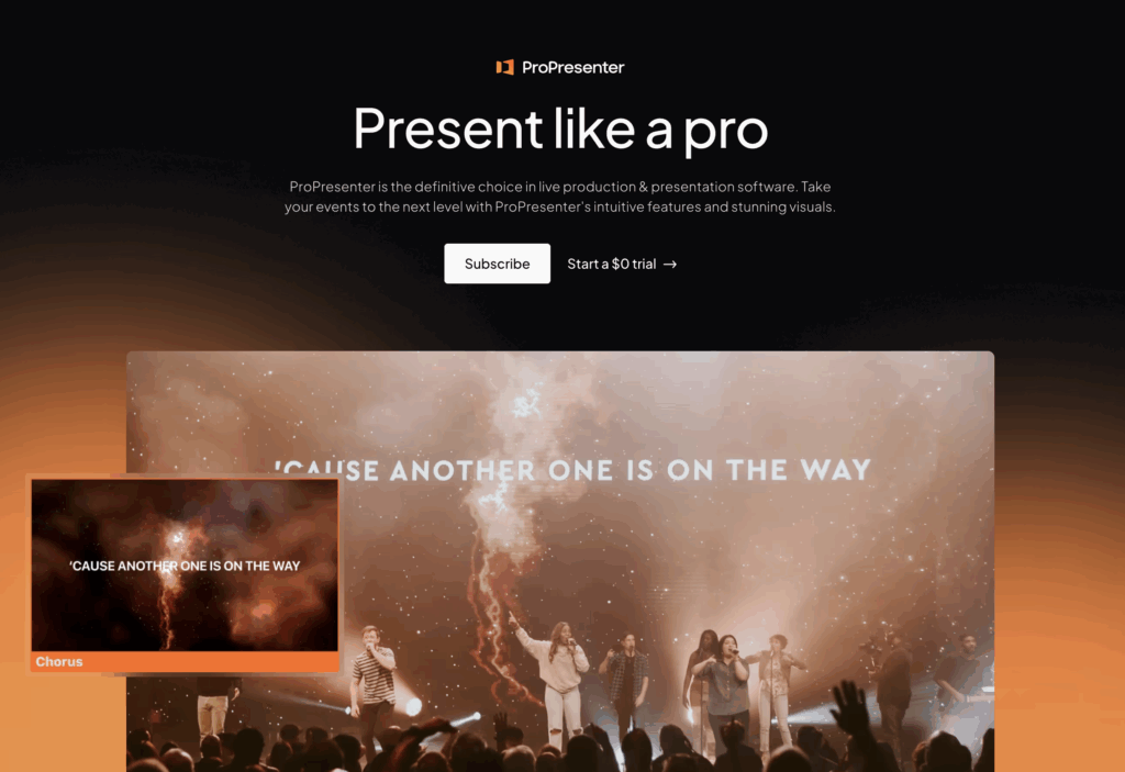 Screenshot of ProPresenter software interface used in live event production, highlighting its video playback and lower third graphic capabilities.