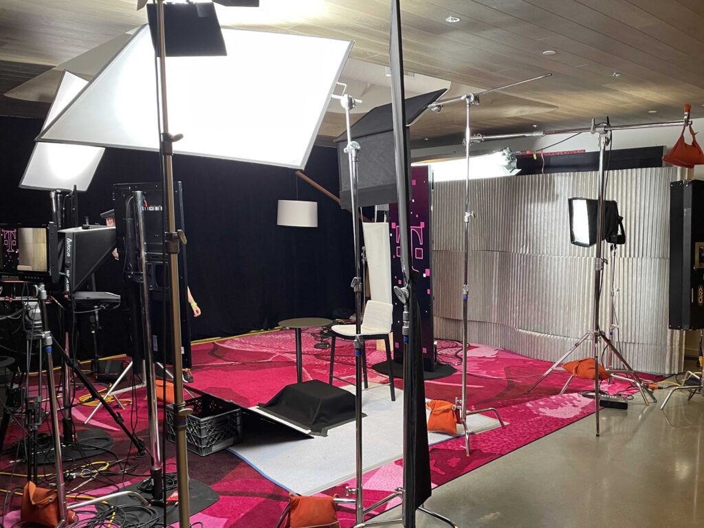A corporate lighting setup for on-air broadcast of quarterly earnings for T-Mobile.