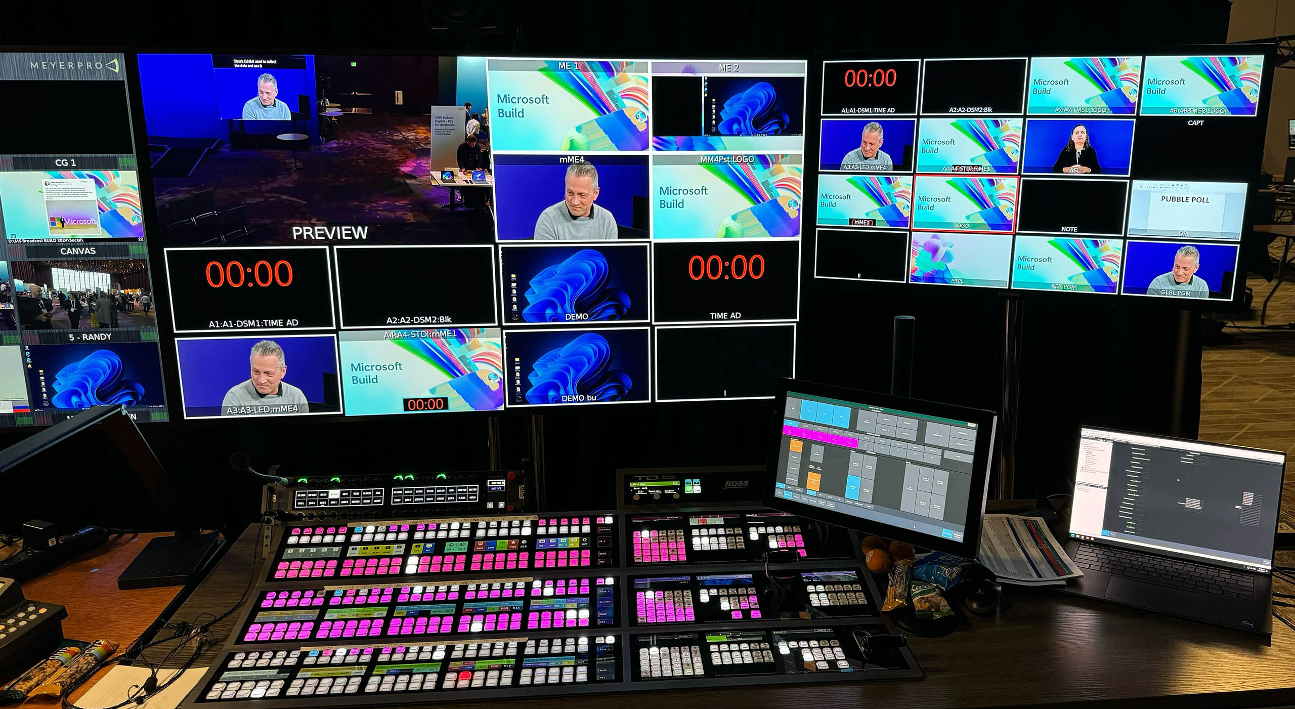 Live broadcast multiview and Ross switcher setup for Microsoft Build 2024 keynote production