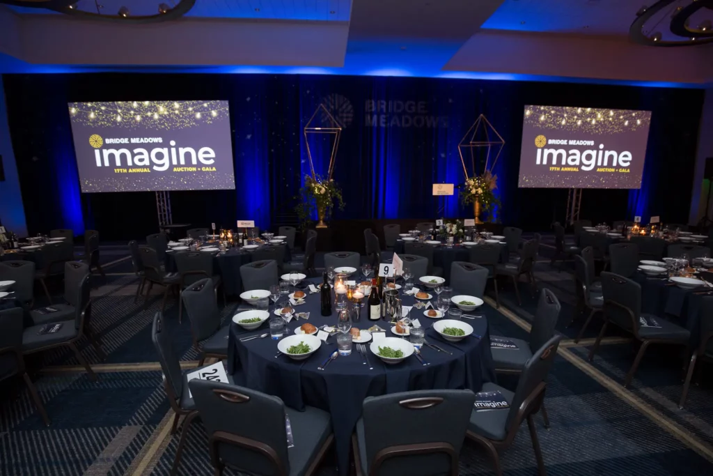 Venue AV setup for a gala with two large screens, stage lighting, audience seating, and MeyerPro event production support